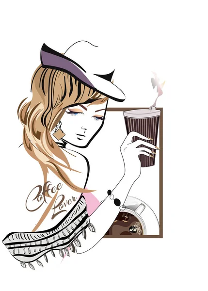 ファッションの女の子がコーヒーを飲むコーヒーセット 抽象的な波とコーヒーカップ 手描きベクトルイラスト — ストックベクタ