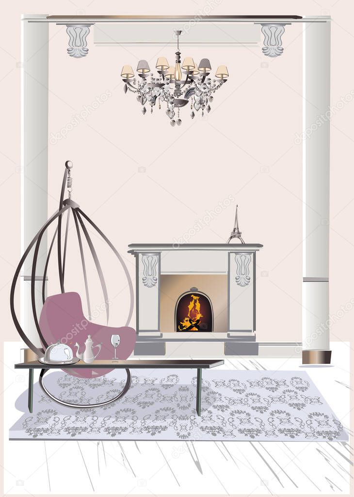 Room interior with  a hammock chair and a fireplace. Hand drawn vector background illustration.