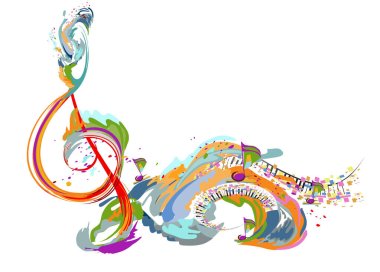 Soyut müzikal tasarım, üç tuşlu bir anahtar ve renkli sıçramalar, notalar ve dalgalar. Renkli üç katlı anahtar. El çizimi vektör illüstrasyonu.