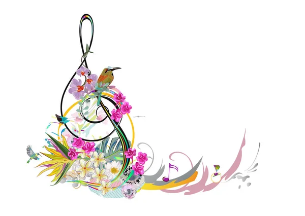 Abstrakter Notenschlüssel Mit Sommer Und Frühlingsblumen Palmblättern Noten Vögeln Handgezeichnete — Stockvektor