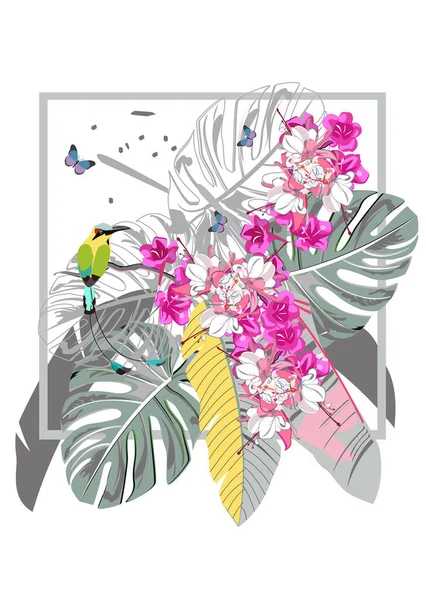 Серия Фонов Летними Весенними Цветами Цветочные Украшения Цветущими Деревьями Птицами — стоковый вектор