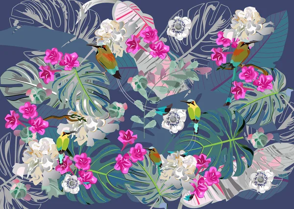 Серія Фонів Літніми Весняними Квітами Квіткові Прикраси Розквітлими Деревами Птахами — стоковий вектор