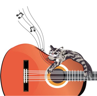 Gitarlı müzikal tasarım ve notalarla süslenmiş bir kedi yavrusu. El çizimi vektör illüstrasyonu.