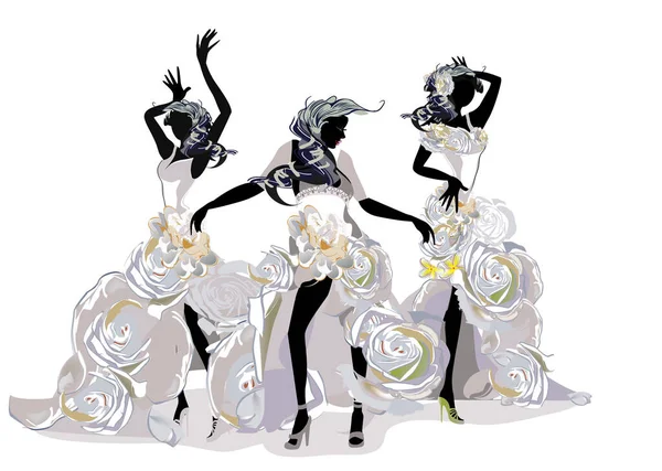 Chicas Bailando Abstractas Vestidos Blancos Decorados Con Rosas Festival Salsa — Vector de stock