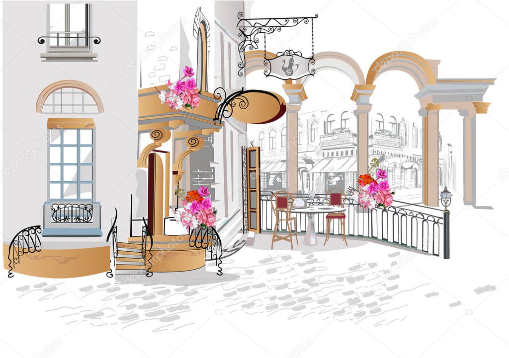 Series of backgrounds decorated with flowers, old town views and street cafes.    Hand drawn vector architectural background with historic buildings. 