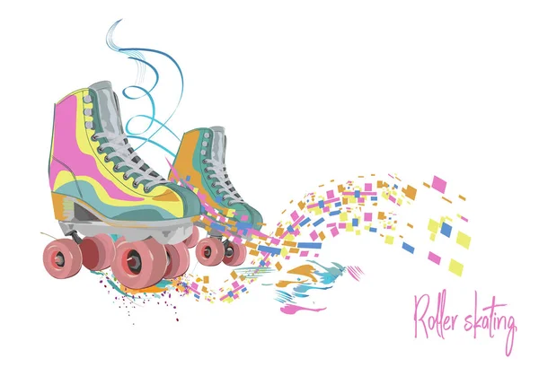 Colorful Roller Skates Decorated Paint Splashes Waves White Background Sport — Stock Vector