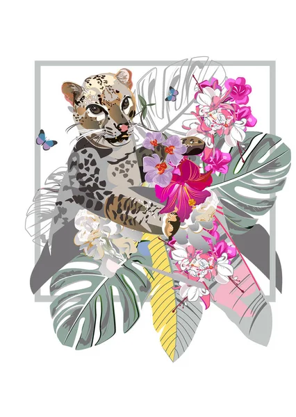 Floraler Hintergrund Mit Tropischen Sommer Und Frühlingsblumen Palmblättern Einem Leoparden — Stockvektor