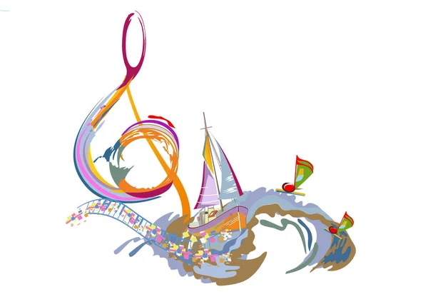 Abstrakte Musikalische Gestaltung Mit Einem Farbenfrohen Notenschlüssel Und Musikalischen Wellen — Stockvektor