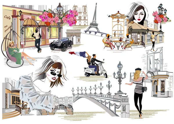 Conjunto Ilustrações Paris Com Meninas Moda Cafés Vistas Ilustração Vetorial — Vetor de Stock