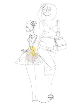 Takım elbiseli güzel bir iş kadınının soyut portresi ve desen ve buklelerle süslenmiş bir şapka. El çizimi vektör illüstrasyonu.