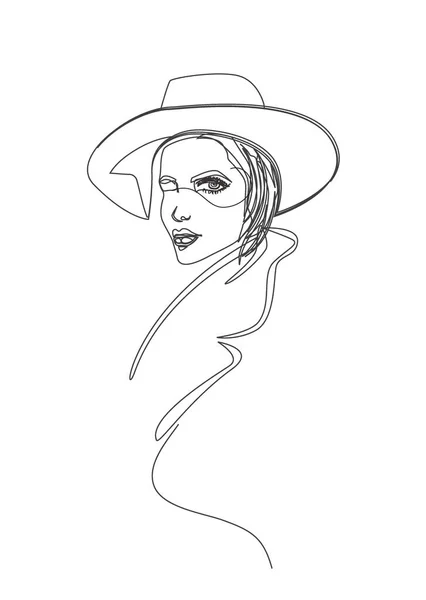 Silueta Abstracta Una Hermosa Mujer Sombrero Estilo Arte Línea Decorada — Vector de stock