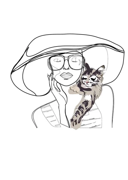 Silhouette Abstraite Une Belle Femme Chapeau Avec Chat Style Line — Image vectorielle