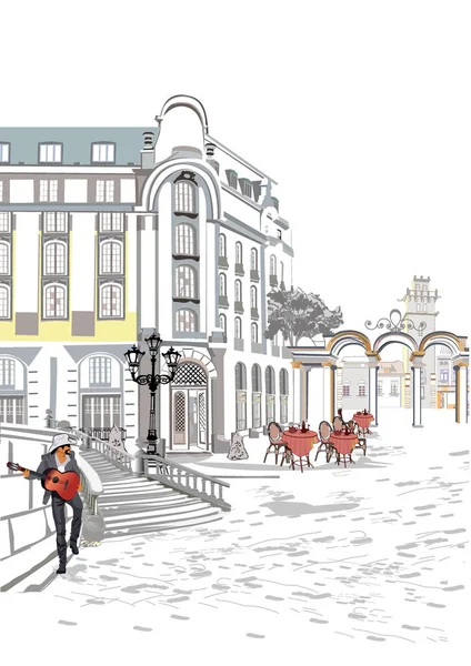 旧市街の景色や通りのカフェで飾られた背景のシリーズ 手描きベクトル建築背景 — ストックベクタ