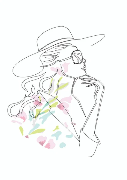 Silueta Abstracta Una Hermosa Mujer Sombrero Estilo Arte Línea Decorada — Vector de stock