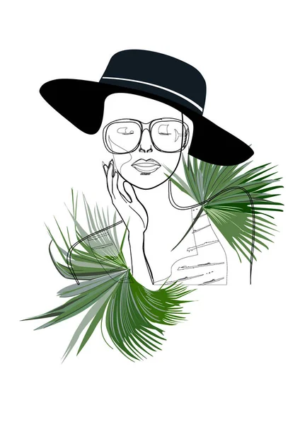 Silueta Abstracta Una Hermosa Mujer Sombrero Estilo Arte Línea Decorada — Vector de stock