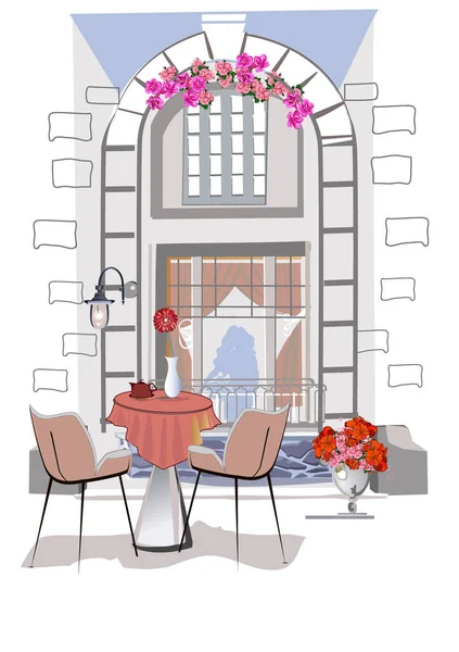 一系列的背景装饰着鲜花 古老的城镇景色和街边咖啡馆 手绘矢量建筑背景 — 图库矢量图片