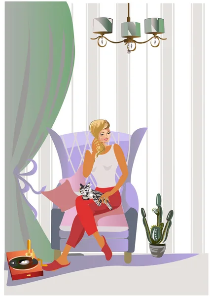 Fashion Girl Red Dress Her Cat Having Rest Her Armchair — Stock Vector