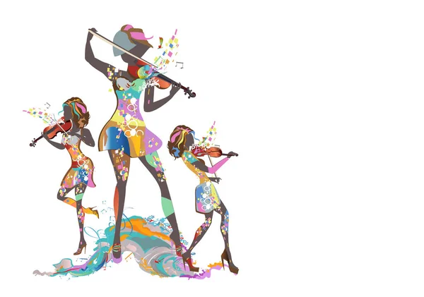 抽象的五彩缤纷的女子在舞池中舞动 用波浪 音符装饰 手绘矢量图解 — 图库矢量图片