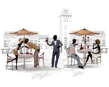 Series of street cafes in the old city clipart