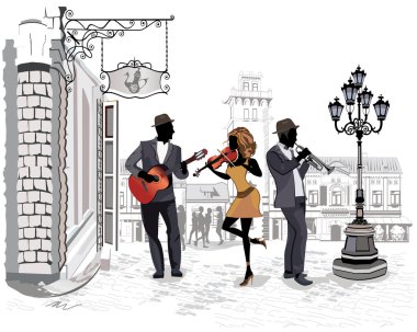 Sokaklarda insanlar eski şehrin müzisyenler ile dizi