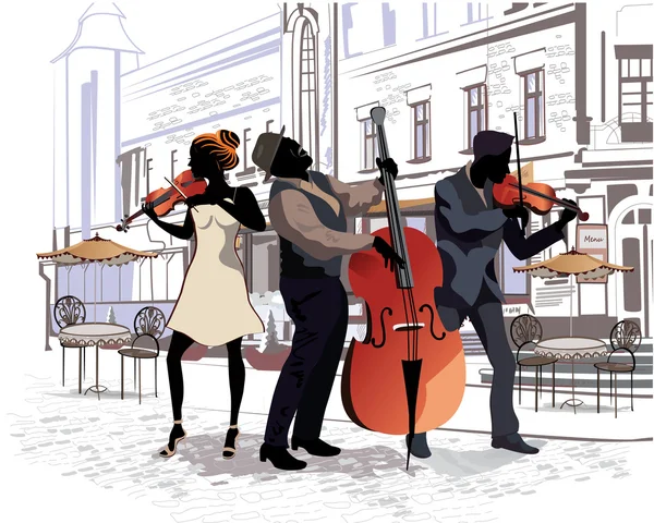 Serie de calles con gente de la ciudad vieja, músicos — Vector de stock