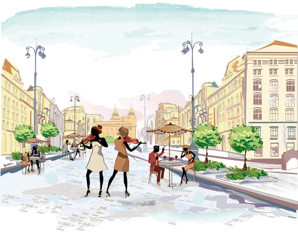 Sokaklarda insanlar eski şehrin müzisyenler ile dizi