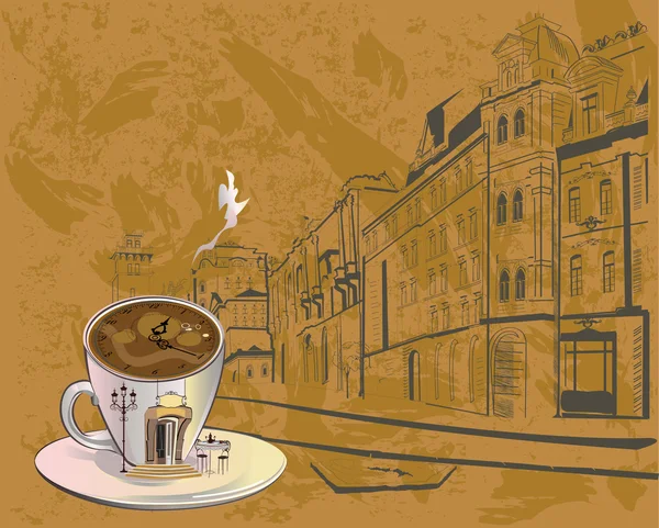 Καφέ φόντο, διακοσμημένο με την παλιά πόλη εμφανίσεις — Διανυσματικό Αρχείο