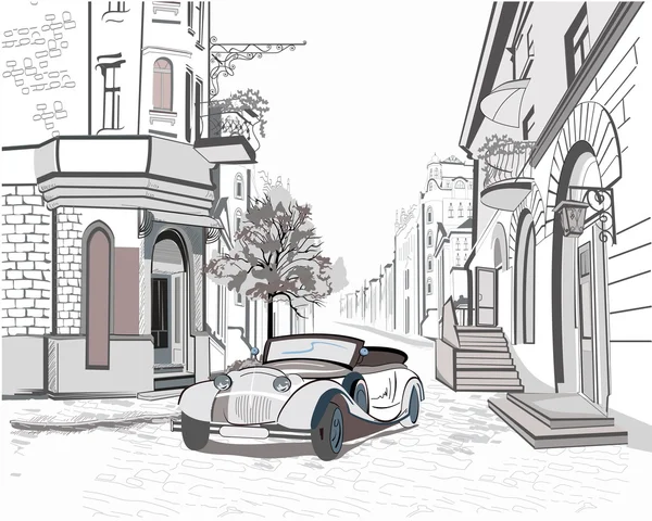 Serie de vistas a la calle en el casco antiguo con un coche retro — Vector de stock