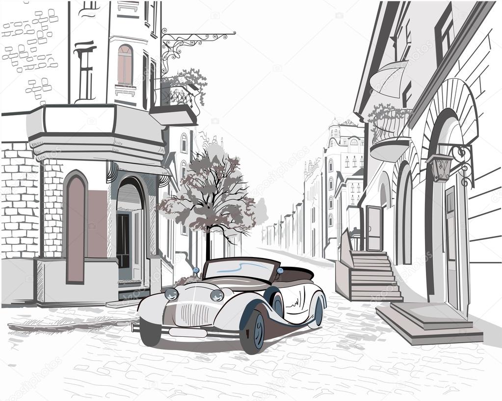 Series of street views in the old city with a retro car