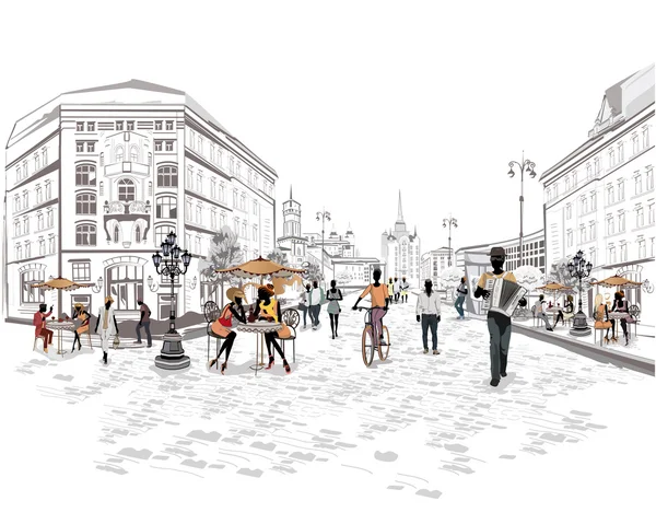 Серія вулиць з людьми у старому місті — стоковий вектор