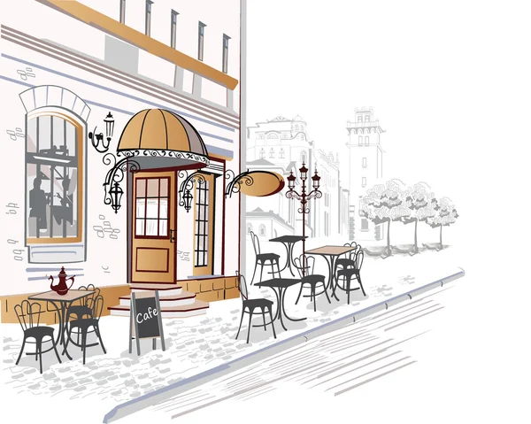 Serie de hermosas vistas de la ciudad vieja con cafés — Vector de stock