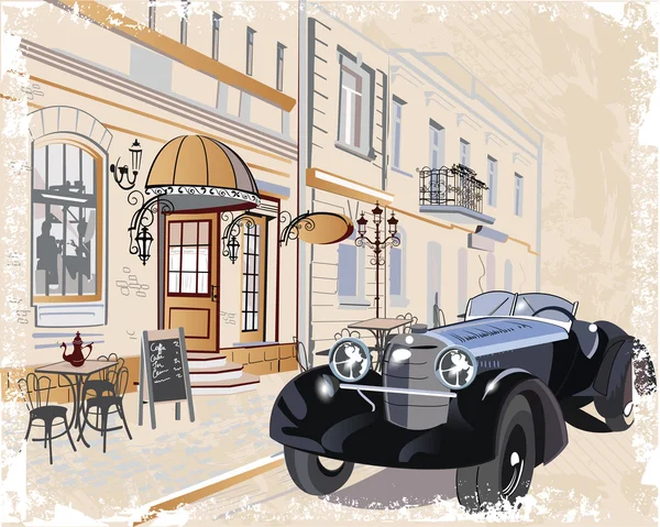 Retro car is in the street of old town — Stock Vector