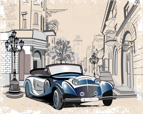 Retro car is in the street of old town
