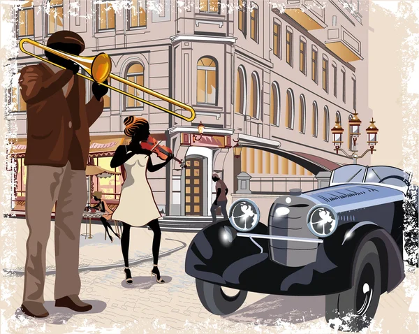 Street Musicians and retro cars — Stockvector