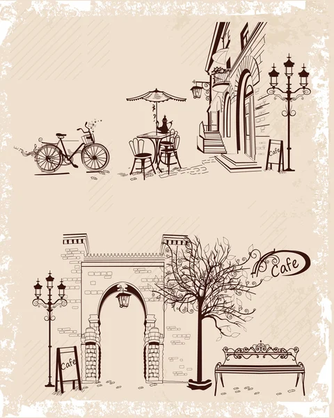 Série pozadí s výhledem na staré město a pouliční kavárny. — Stockový vektor
