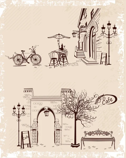 Series of backgrounds decorated with old town views and street cafes. — Stock Vector