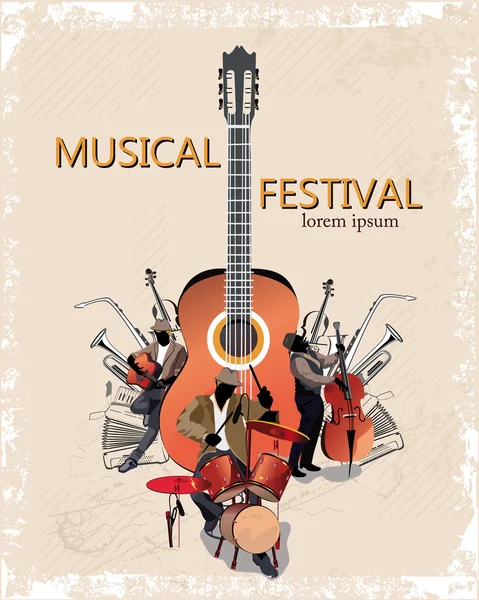 Fond musical avec guitare et musiciens — Image vectorielle