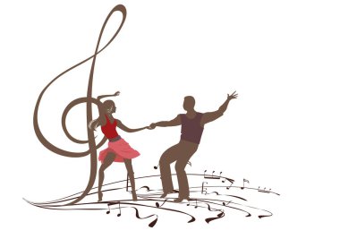 Dansçıların soyut müzikal tasarımı, üç tuşlu tuşlar, müzikal dalgalar, piyano notaları. El çizimi vektör illüstrasyonu.