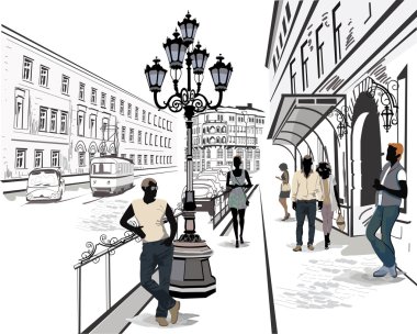 Series of the streets with musicians and passers in the old city. clipart