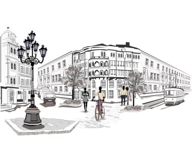 Müzisyenler ve yayaları eski şehrin sokakları dizi.