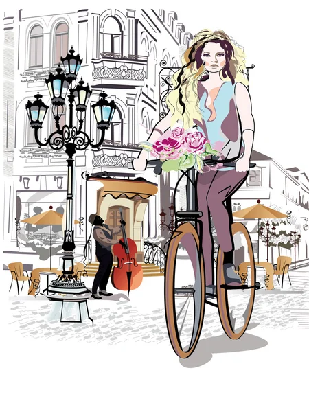 Fashion girl rides a bicycle the streets of the old town. — Stock Vector