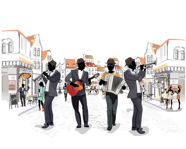 Series of the streets with musicians and passers in the old city. — Stock Vector