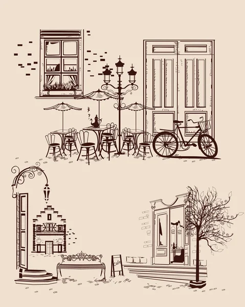 Serie de fondos decorados con vistas al casco antiguo y cafés callejeros . — Vector de stock