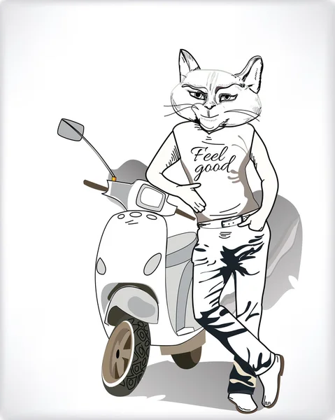 Mignon chat de mode homme en jeans avec une moto . — Image vectorielle