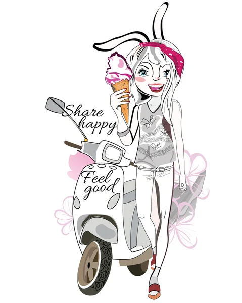 Roztomilý móda dívka zajíc v džínách s vynikající zmrzlinou. — Stockový vektor
