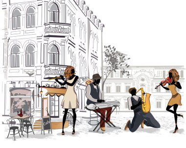 Series of the streets with musicians in the old city clipart