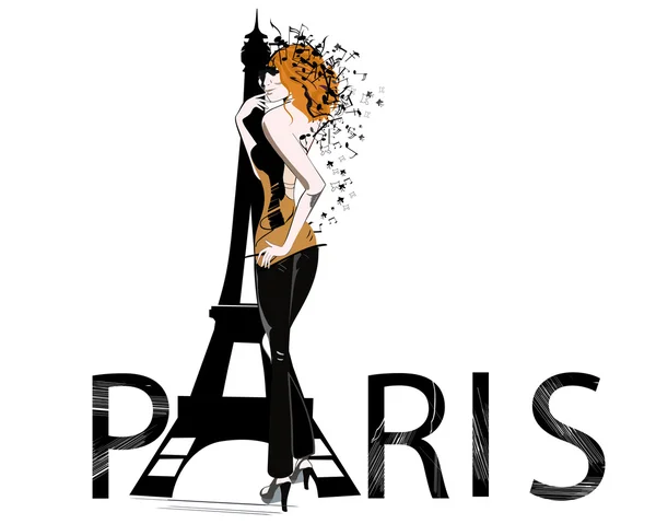 Texto de París con torre Eiffel y chica de moda romántica . — Vector de stock