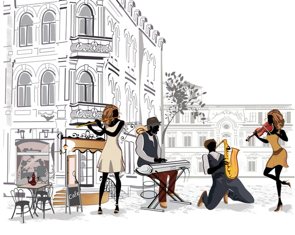 Serie van de straten met muzikanten in de oude stad — Stockvector