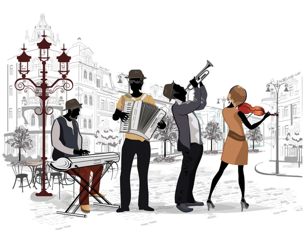 Série das ruas com músicos na cidade velha — Vetor de Stock