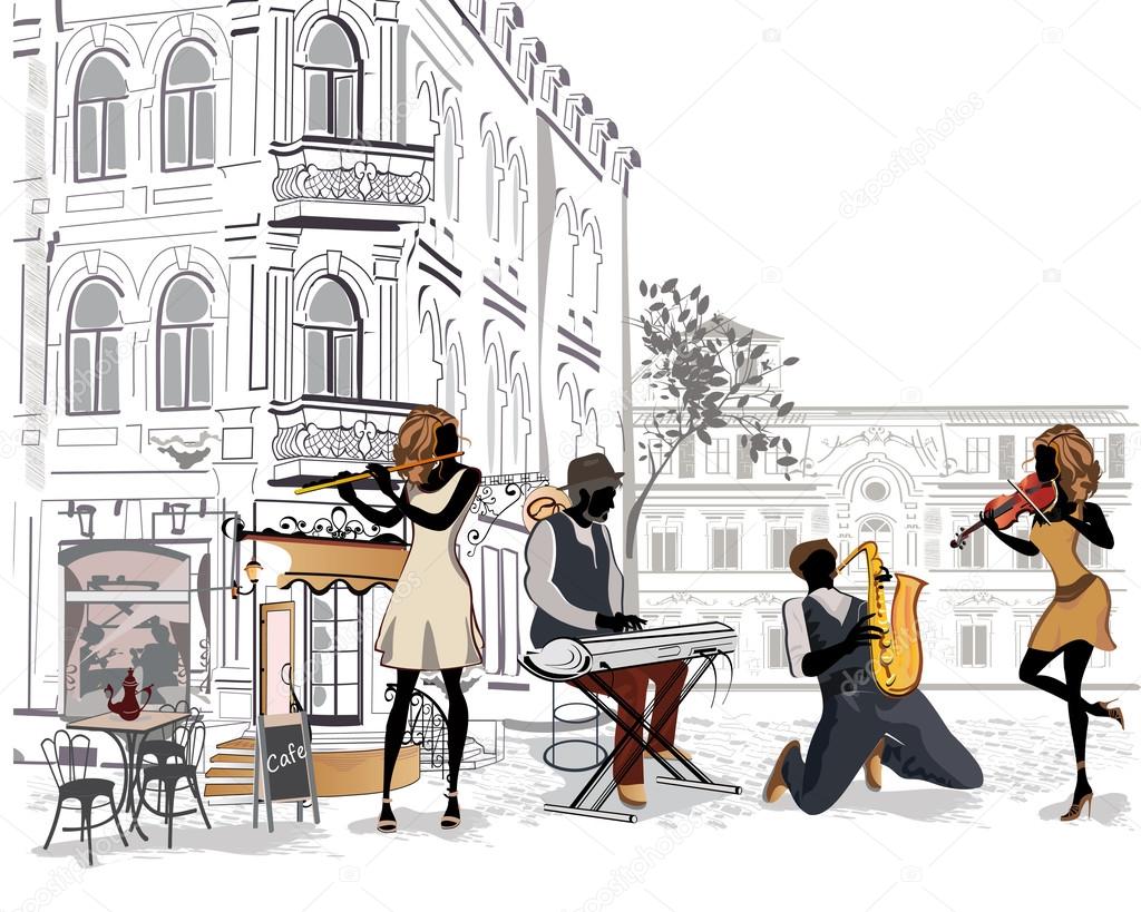 Series of the streets with musicians in the old city